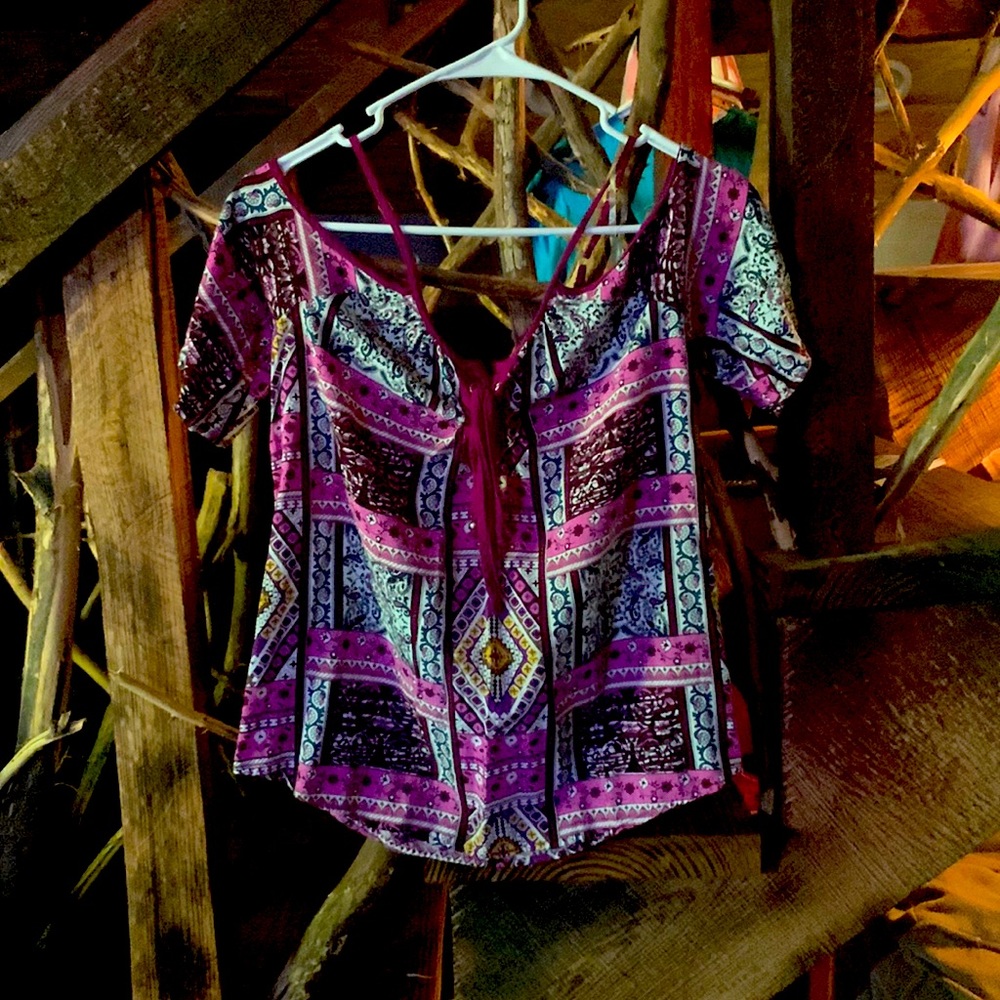 Cato, short sleeve off shoulder, summer blouse, size small, color multi